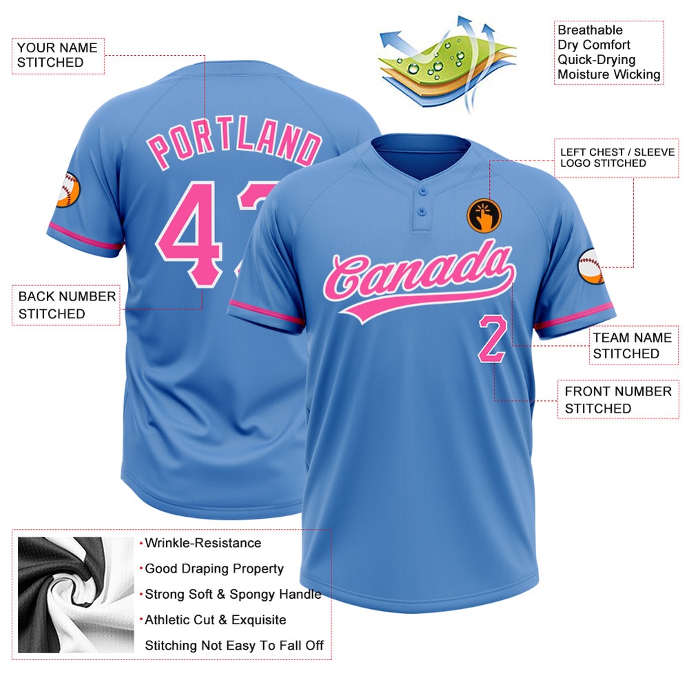 Powder Blue Pink White Two Button Unisex Softball Jersey, Custom Team Softball Jersey Powder Blue Pink White Two Button Unisex Softball Jersey, Custom Team Softball Jersey
