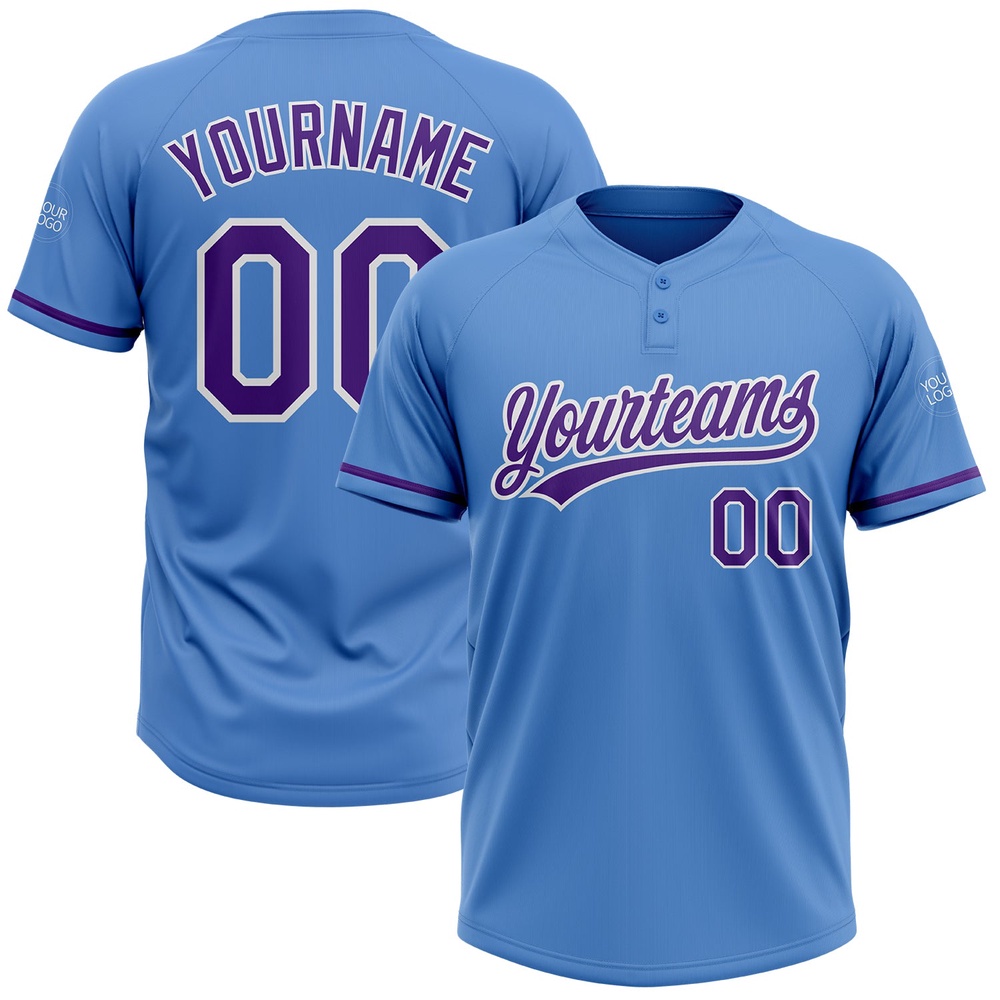 Powder Blue Purple White Two Button Unisex Softball Jersey, Custom Team Softball Jersey Powder Blue Purple White Two Button Unisex Softball Jersey, Custom Team Softball Jersey