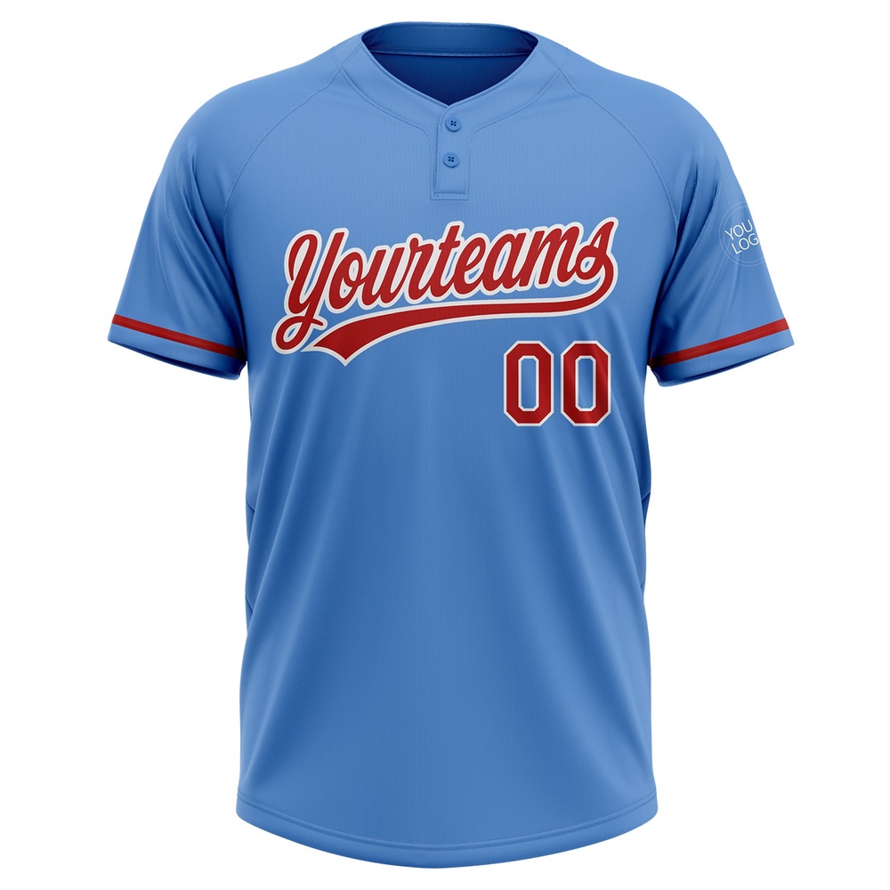 Powder Blue Red White Two Button Unisex Softball Jersey, Custom Team Softball Jersey