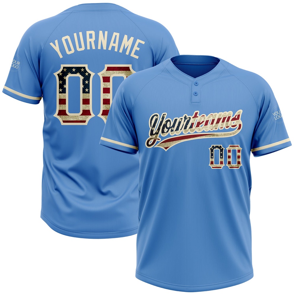 Powder Blue Vintage USA Flag Cream Two Button Unisex Softball Jersey, Custom Team Softball Jersey Powder Blue Vintage USA Flag Cream Two Button Unisex Softball Jersey, Custom Team Softball Jersey