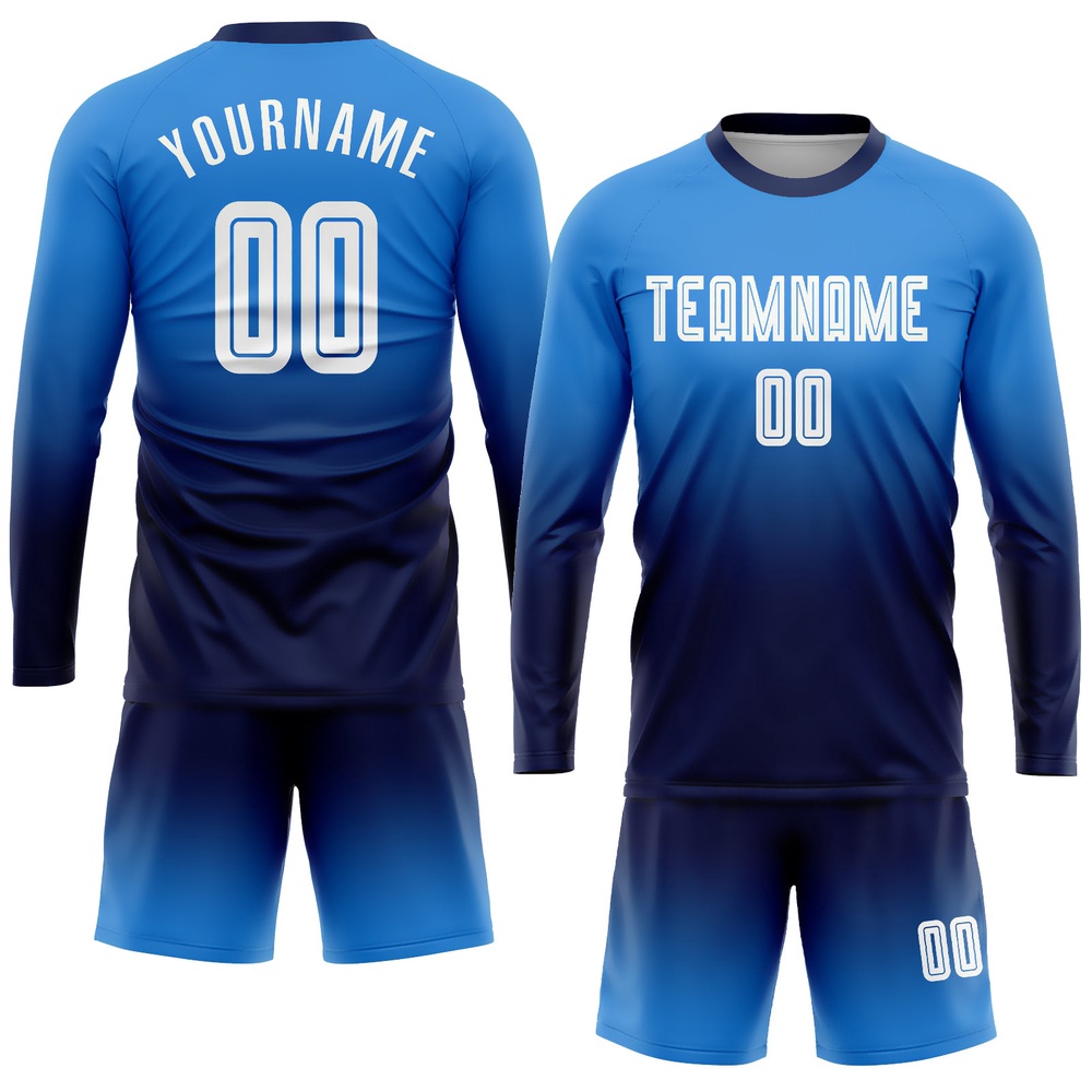 Powder Blue White Navy Sublimation Long Sleeve Fade Fashion Soccer Uniform Jersey, Custom Team Soccer Jersey Shirt Powder Blue White Navy Sublimation Long Sleeve Fade Fashion Soccer Uniform Jersey, Custom Team Soccer Jersey Shirt