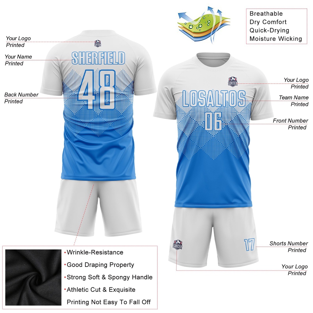 Powder Blue White Sublimation Soccer Uniform Jersey, Custom Team Soccer Jersey Shirt Powder Blue White Sublimation Soccer Uniform Jersey, Custom Team Soccer Jersey Shirt