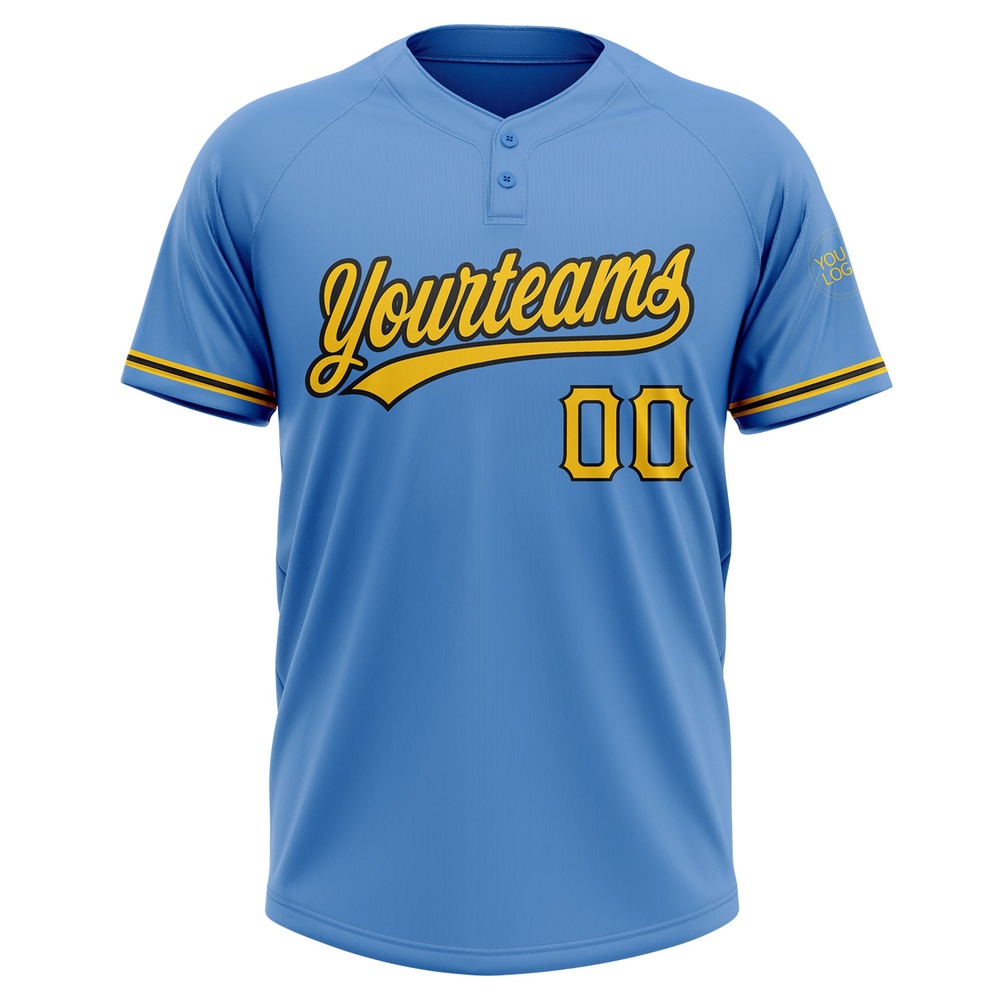 Powder Blue Yellow Black Two Button Unisex Softball Jersey, Custom Team Softball Jersey Powder Blue Yellow Black Two Button Unisex Softball Jersey, Custom Team Softball Jersey
