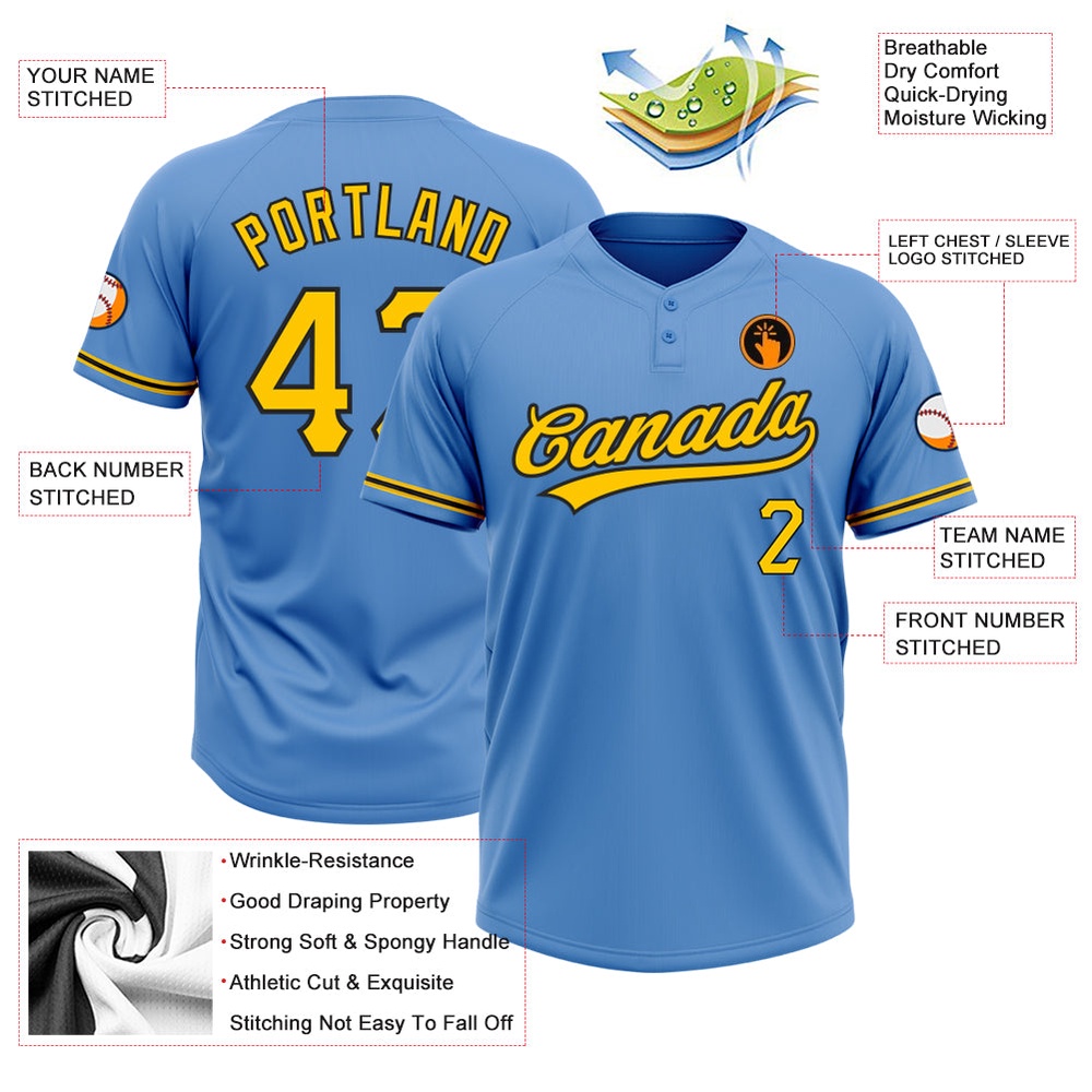 Powder Blue Yellow Black Two Button Unisex Softball Jersey, Custom Team Softball Jersey Powder Blue Yellow Black Two Button Unisex Softball Jersey, Custom Team Softball Jersey
