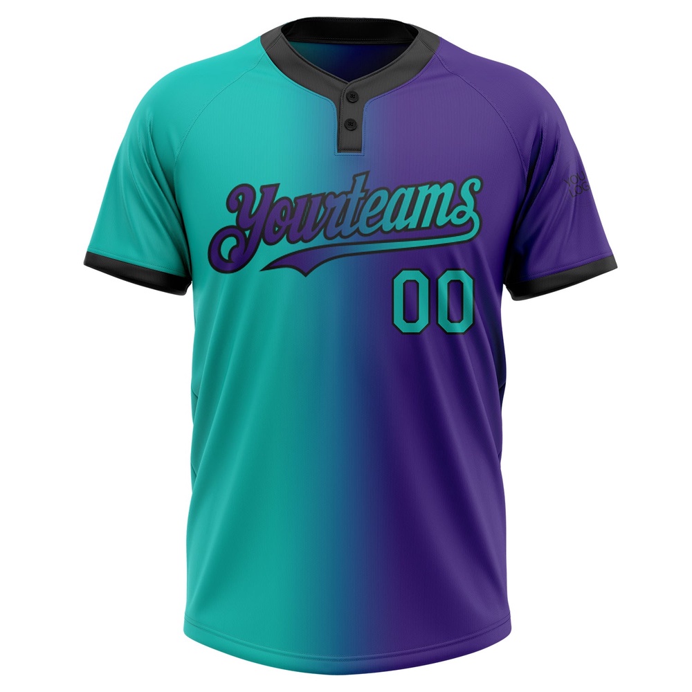 Purple Aqua Black Gradient Fashion Two Button Unisex Softball Jersey, Custom Team Softball Jersey Purple Aqua Black Gradient Fashion Two Button Unisex Softball Jersey, Custom Team Softball Jersey