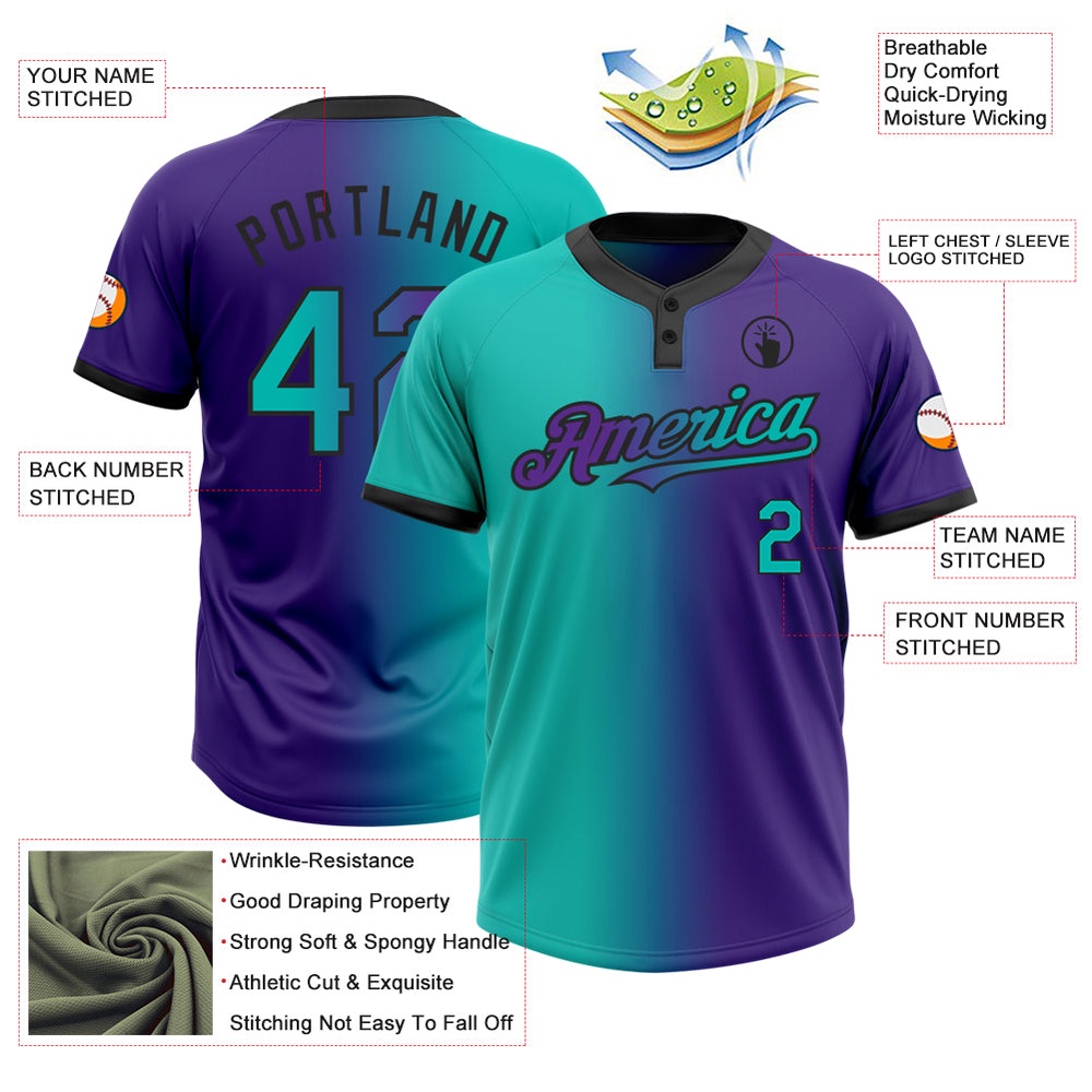 Purple Aqua Black Gradient Fashion Two Button Unisex Softball Jersey, Custom Team Softball Jersey Purple Aqua Black Gradient Fashion Two Button Unisex Softball Jersey, Custom Team Softball Jersey