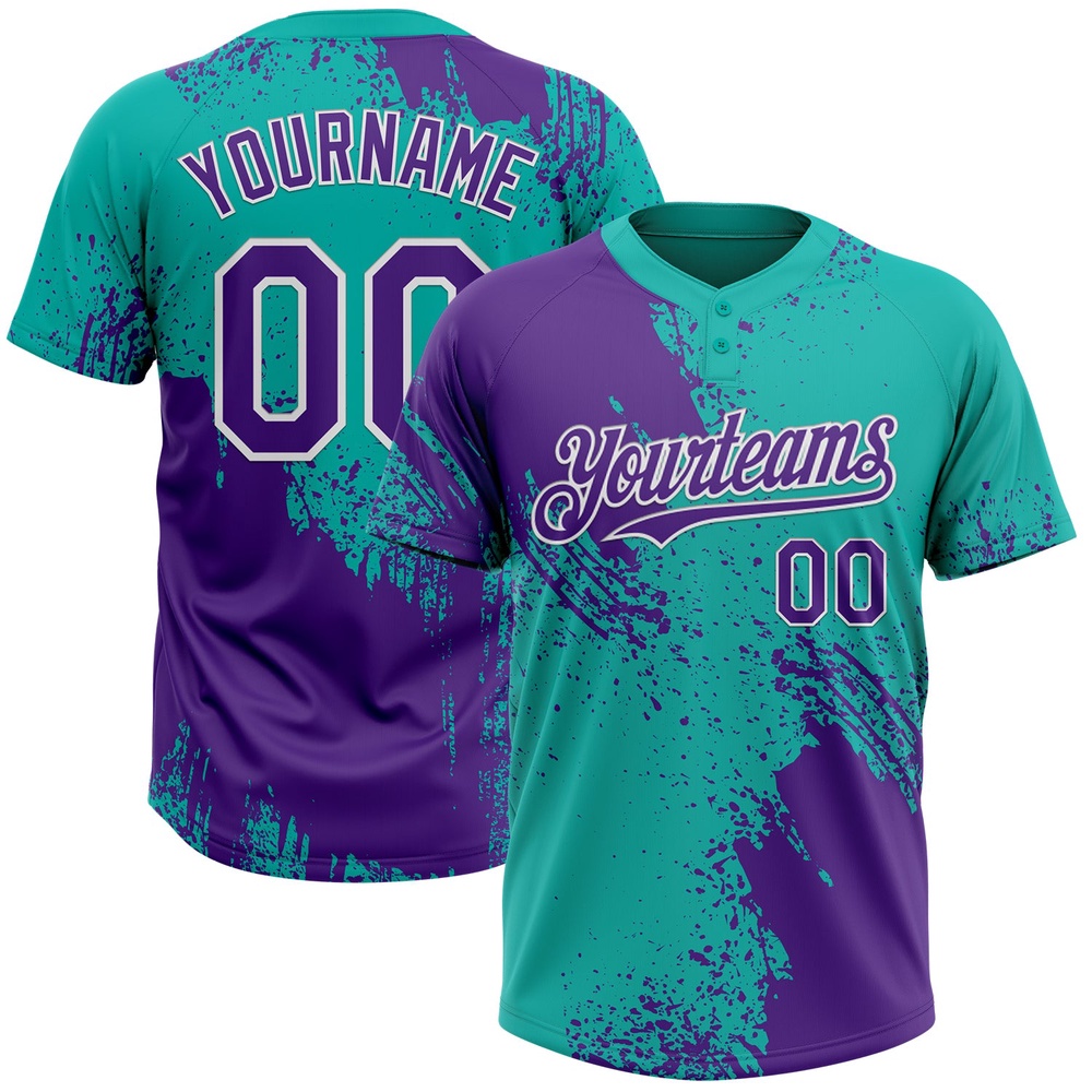 Purple Aqua White 3D Pattern Abstract Brush Stroke Two Button Unisex Softball Jersey, Custom Team Softball Jersey Purple Aqua White 3D Pattern Abstract Brush Stroke Two Button Unisex Softball Jersey, Custom Team Softball Jersey