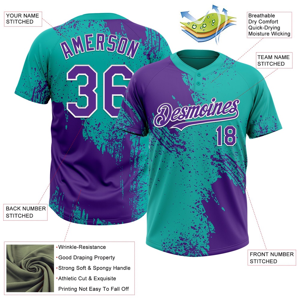 Purple Aqua White 3D Pattern Abstract Brush Stroke Two Button Unisex Softball Jersey, Custom Team Softball Jersey Purple Aqua White 3D Pattern Abstract Brush Stroke Two Button Unisex Softball Jersey, Custom Team Softball Jersey