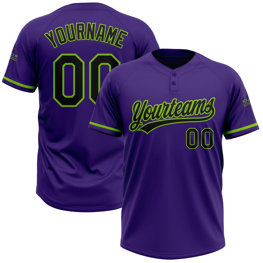 Purple Black Neon Green Two Button Unisex Softball Jersey, Custom Team Softball Jersey Purple Black Neon Green Two Button Unisex Softball Jersey, Custom Team Softball Jersey