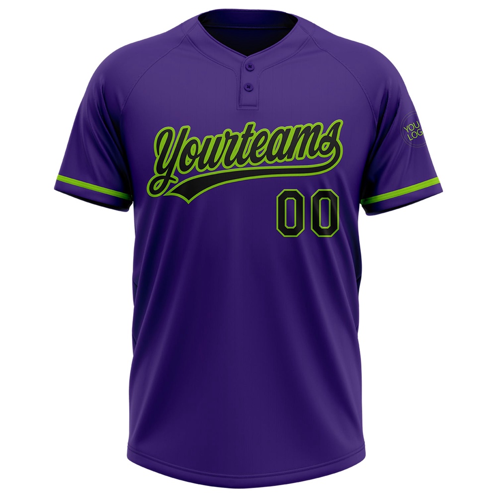 Purple Black Neon Green Two Button Unisex Softball Jersey, Custom Team Softball Jersey Purple Black Neon Green Two Button Unisex Softball Jersey, Custom Team Softball Jersey