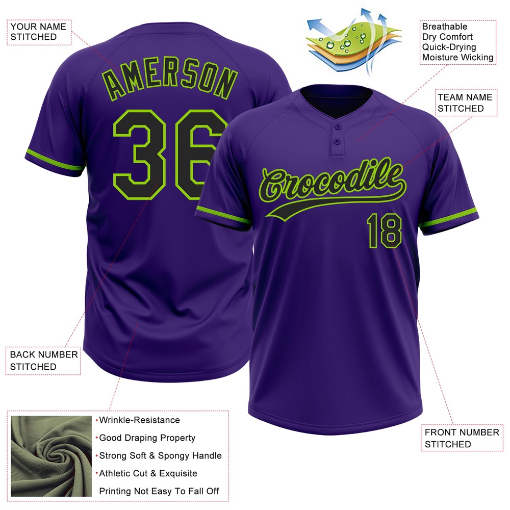 Purple Black Neon Green Two Button Unisex Softball Jersey, Custom Team Softball Jersey Purple Black Neon Green Two Button Unisex Softball Jersey, Custom Team Softball Jersey
