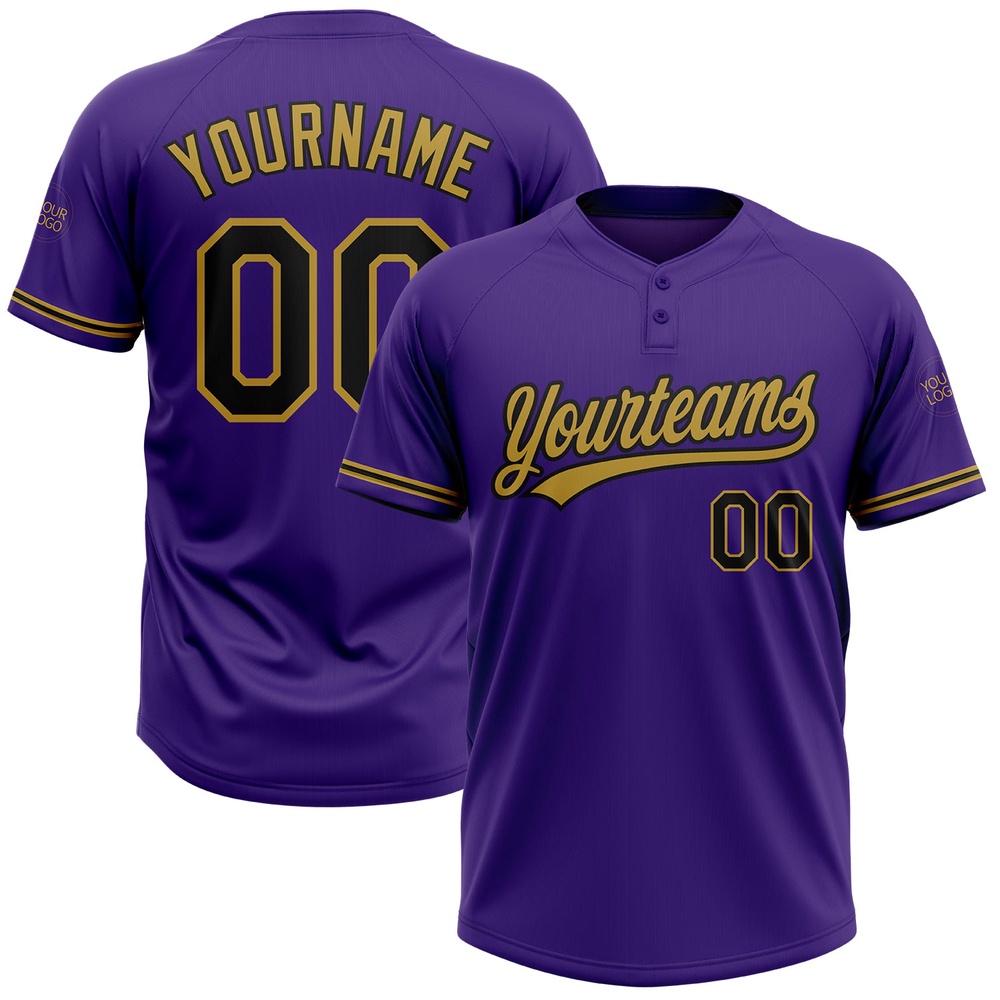 Purple Black Old Gold Two Button Unisex Softball Jersey, Custom Team Softball Jersey Purple Black Old Gold Two Button Unisex Softball Jersey, Custom Team Softball Jersey