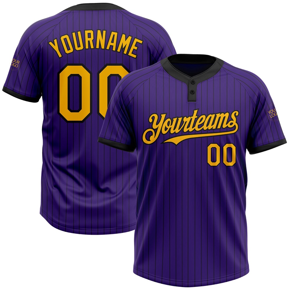 Purple Black Pinstripe Gold Two Button Unisex Softball Jersey, Custom Team Softball Jersey Purple Black Pinstripe Gold Two Button Unisex Softball Jersey, Custom Team Softball Jersey