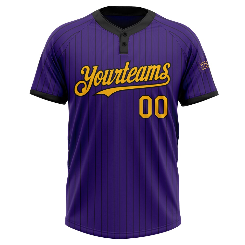 Purple Black Pinstripe Gold Two Button Unisex Softball Jersey, Custom Team Softball Jersey Purple Black Pinstripe Gold Two Button Unisex Softball Jersey, Custom Team Softball Jersey