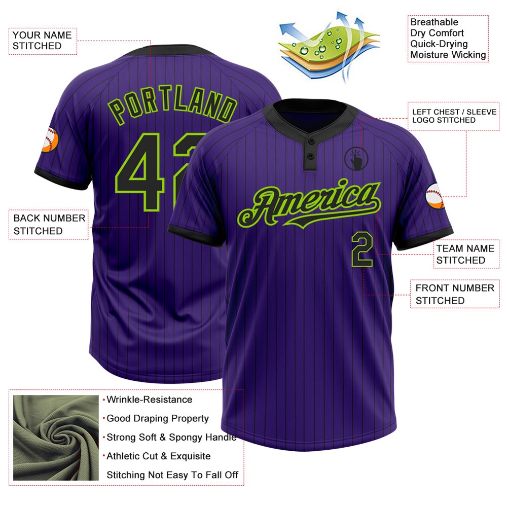 Purple Black Pinstripe Neon Green Two Button Unisex Softball Jersey, Custom Team Softball Jersey Purple Black Pinstripe Neon Green Two Button Unisex Softball Jersey, Custom Team Softball Jersey