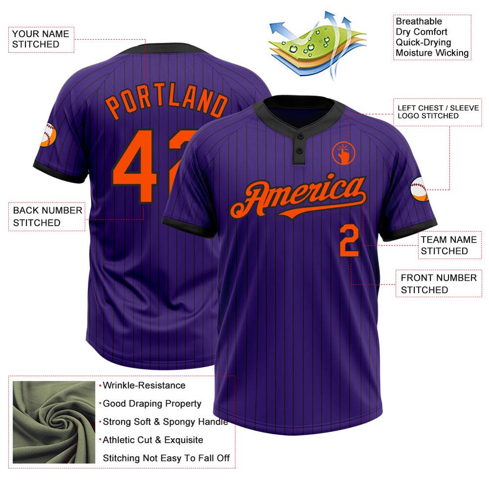 Purple Black Pinstripe Orange Two Button Unisex Softball Jersey, Custom Team Softball Jersey