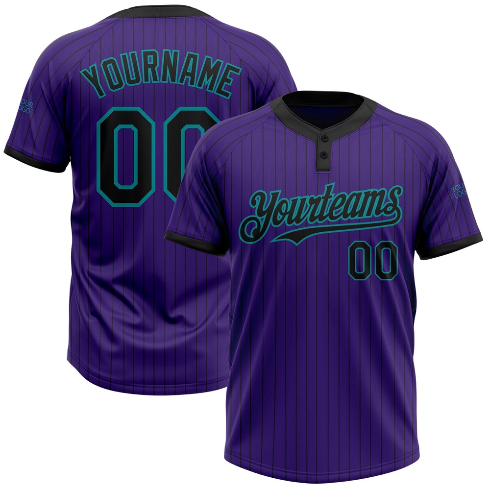 Purple Black Pinstripe Teal Two Button Unisex Softball Jersey, Custom Team Softball Jersey Purple Black Pinstripe Teal Two Button Unisex Softball Jersey, Custom Team Softball Jersey