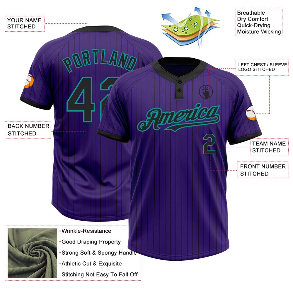 Purple Black Pinstripe Teal Two Button Unisex Softball Jersey, Custom Team Softball Jersey Purple Black Pinstripe Teal Two Button Unisex Softball Jersey, Custom Team Softball Jersey