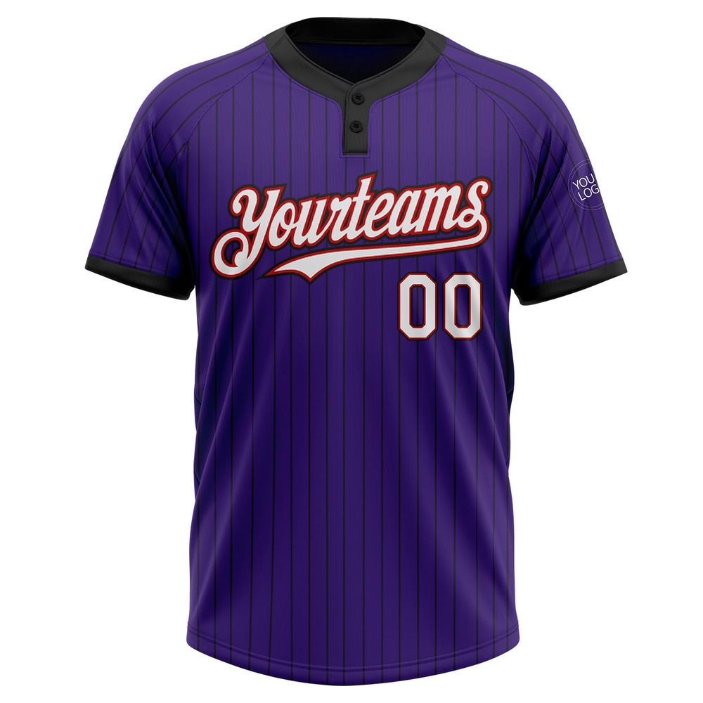 Purple Black Pinstripe White Red Two Button Unisex Softball Jersey, Custom Team Softball Jersey Purple Black Pinstripe White Red Two Button Unisex Softball Jersey, Custom Team Softball Jersey