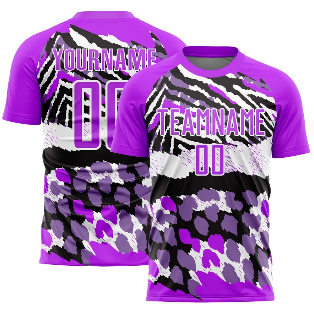 Purple Black White Animal Print Sublimation Soccer Uniform Jersey, Custom Team Soccer Jersey Shirt Purple Black White Animal Print Sublimation Soccer Uniform Jersey, Custom Team Soccer Jersey Shirt