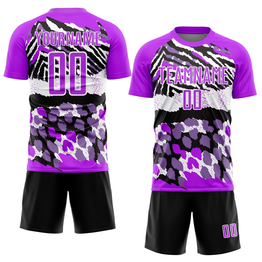Purple Black White Animal Print Sublimation Soccer Uniform Jersey, Custom Team Soccer Jersey Shirt Purple Black White Animal Print Sublimation Soccer Uniform Jersey, Custom Team Soccer Jersey Shirt