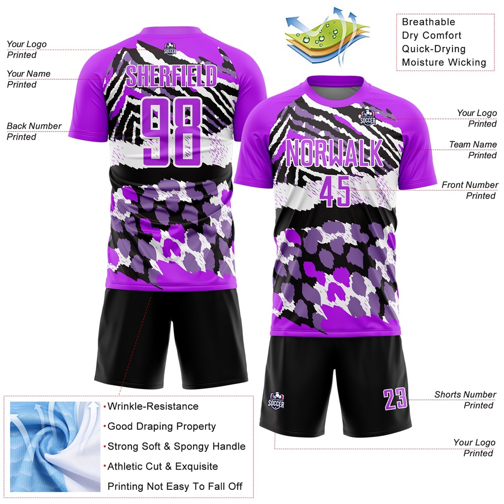 Purple Black White Animal Print Sublimation Soccer Uniform Jersey, Custom Team Soccer Jersey Shirt Purple Black White Animal Print Sublimation Soccer Uniform Jersey, Custom Team Soccer Jersey Shirt