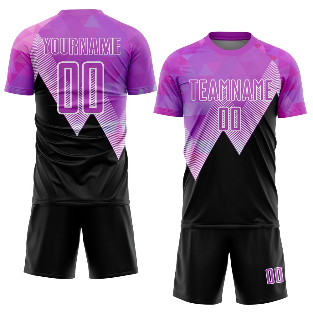 Purple Black White Geometric Pattern Sublimation Soccer Uniform Jersey, Custom Team Soccer Jersey Shirt Purple Black White Geometric Pattern Sublimation Soccer Uniform Jersey, Custom Team Soccer Jersey Shirt