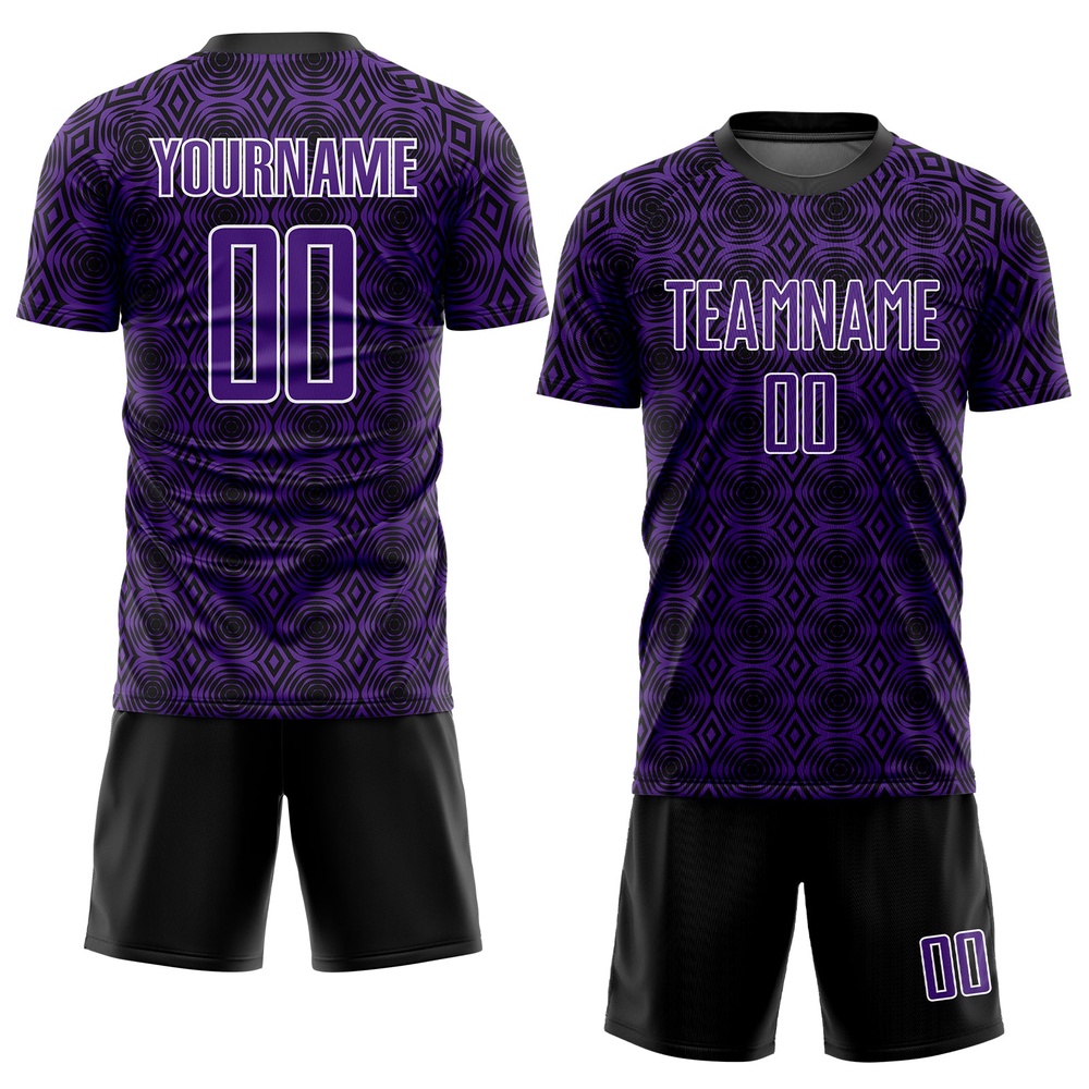 Purple Black White Geometric Shapes Sublimation Soccer Uniform Jersey, Custom Team Soccer Jersey Shirt Purple Black White Geometric Shapes Sublimation Soccer Uniform Jersey, Custom Team Soccer Jersey Shirt