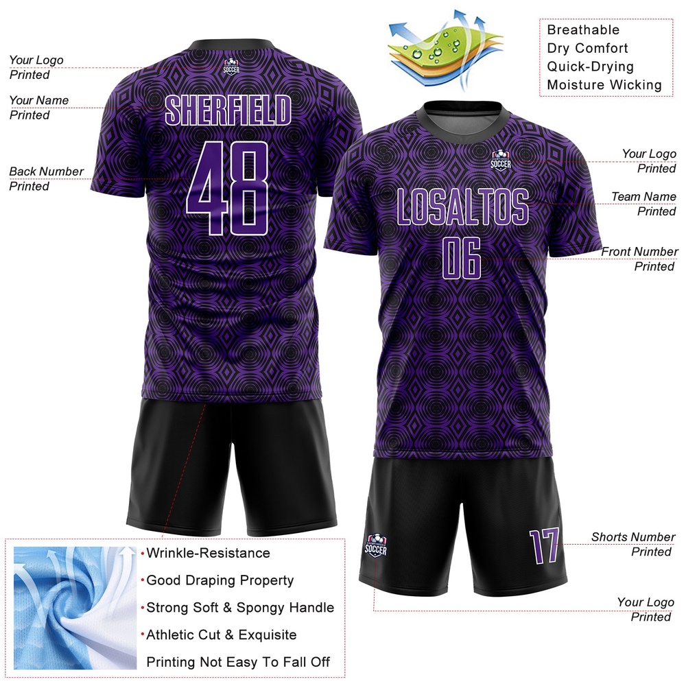 Purple Black White Geometric Shapes Sublimation Soccer Uniform Jersey, Custom Team Soccer Jersey Shirt Purple Black White Geometric Shapes Sublimation Soccer Uniform Jersey, Custom Team Soccer Jersey Shirt