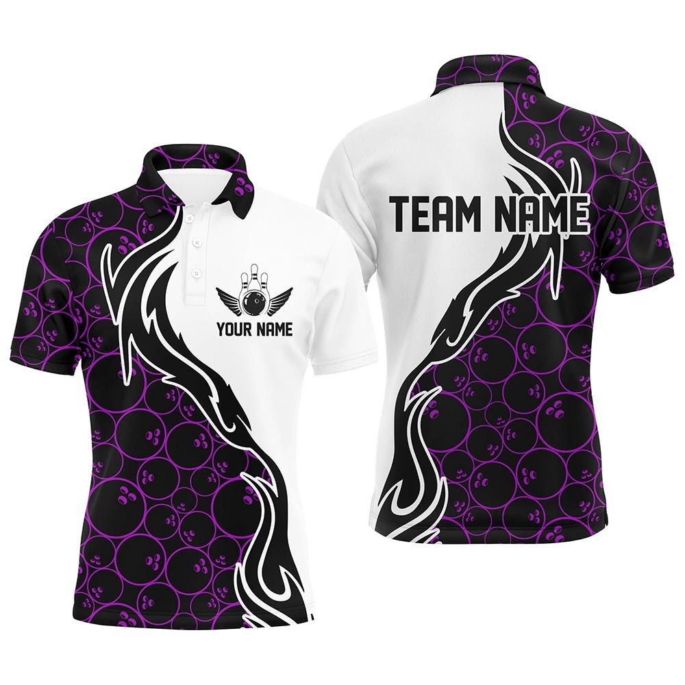 Purple Bowling Pattern Custom Men Bowling Polo Shirts Flame Bowling Team Polo Shirt Tournament, Personalized Bowling Team Shirt Purple Bowling Pattern Custom Men Bowling Polo Shirts Flame Bowling Team Polo Shirt Tournament, Personalized Bowling Team Shirt