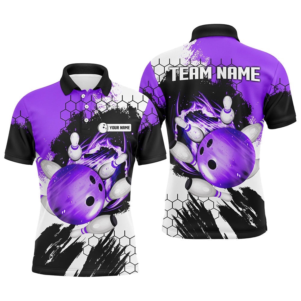 Purple Flame Bowling Ball And Pins Polo Shirt Custom Team League Bowling Polo Shirts For Men, Personalized Bowling Team Shirt Purple Flame Bowling Ball And Pins Polo Shirt Custom Team League Bowling Polo Shirts For Men, Personalized Bowling Team Shirt