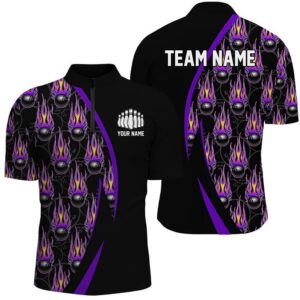 Purple Flame Bowling Ball Pattern Bowling Shirts…