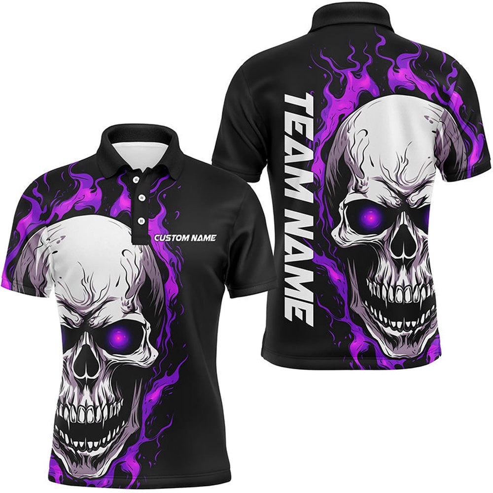 Purple Flame Skull Sport Polo Shirt, Custom Team Bowling Polo Shirts For Men, Bowler Outfits, Personalized Bowling Team Shirt