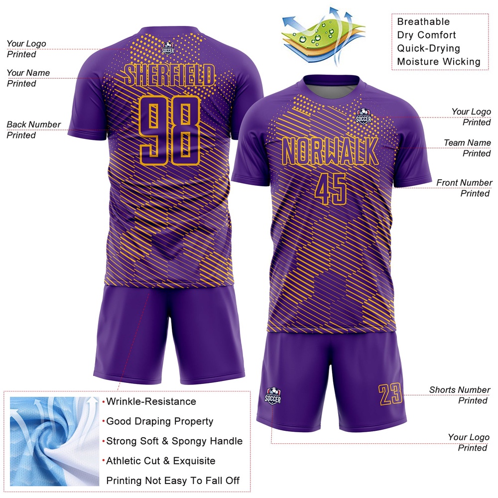 Purple Gold Abstract Hexagon Sublimation Soccer Uniform Jersey, Custom Team Soccer Jersey Shirt Purple Gold Abstract Hexagon Sublimation Soccer Uniform Jersey, Custom Team Soccer Jersey Shirt