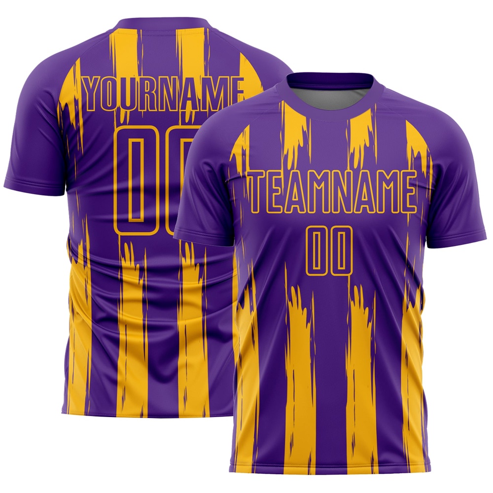 Purple Gold Abstract Stripes Sublimation Soccer Uniform Jersey, Custom Team Soccer Jersey Shirt