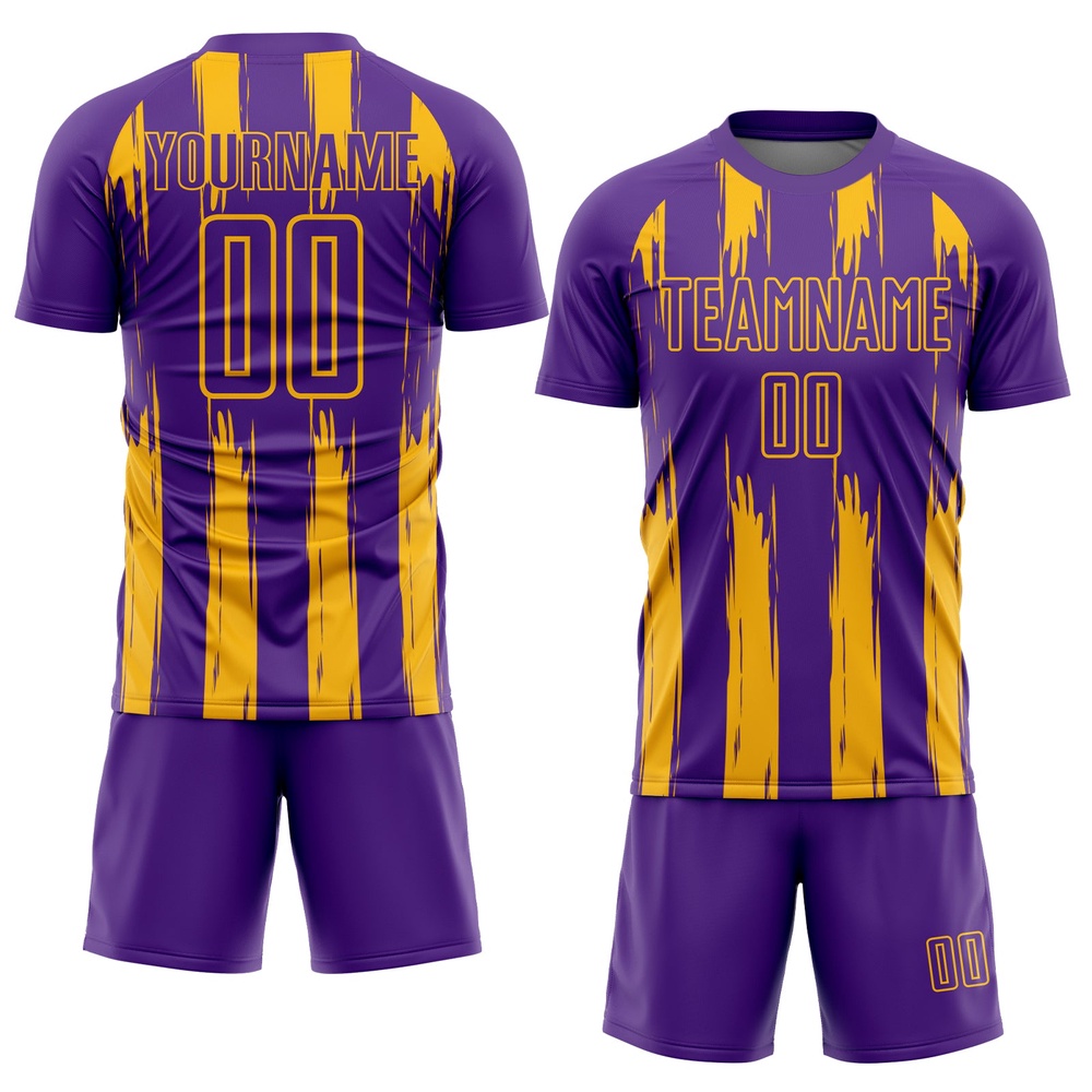 Purple Gold Abstract Stripes Sublimation Soccer Uniform Jersey, Custom Team Soccer Jersey Shirt