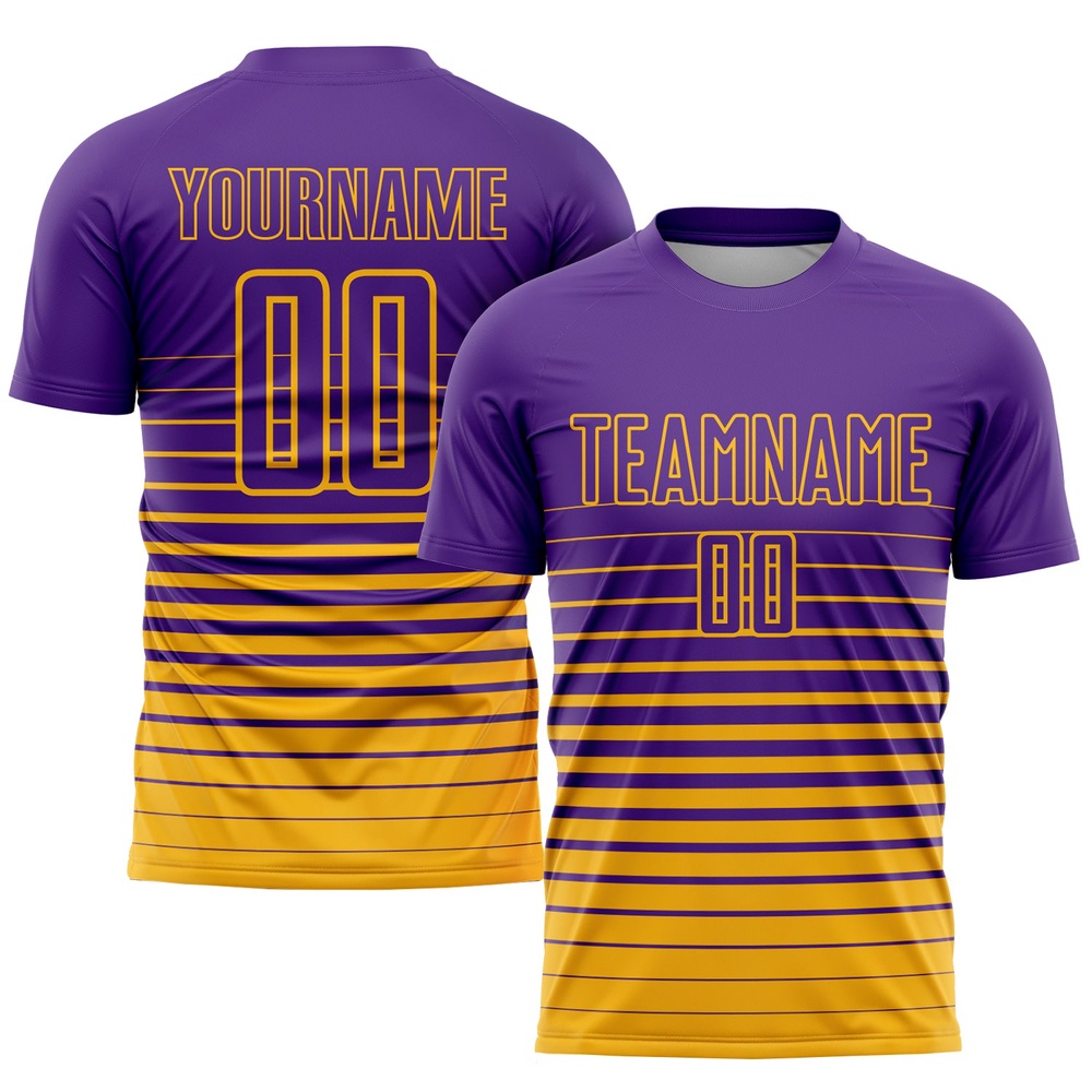 Purple Gold Pinstripe Fade Fashion Sublimation Soccer Uniform Jersey, Custom Team Soccer Jersey Shirt