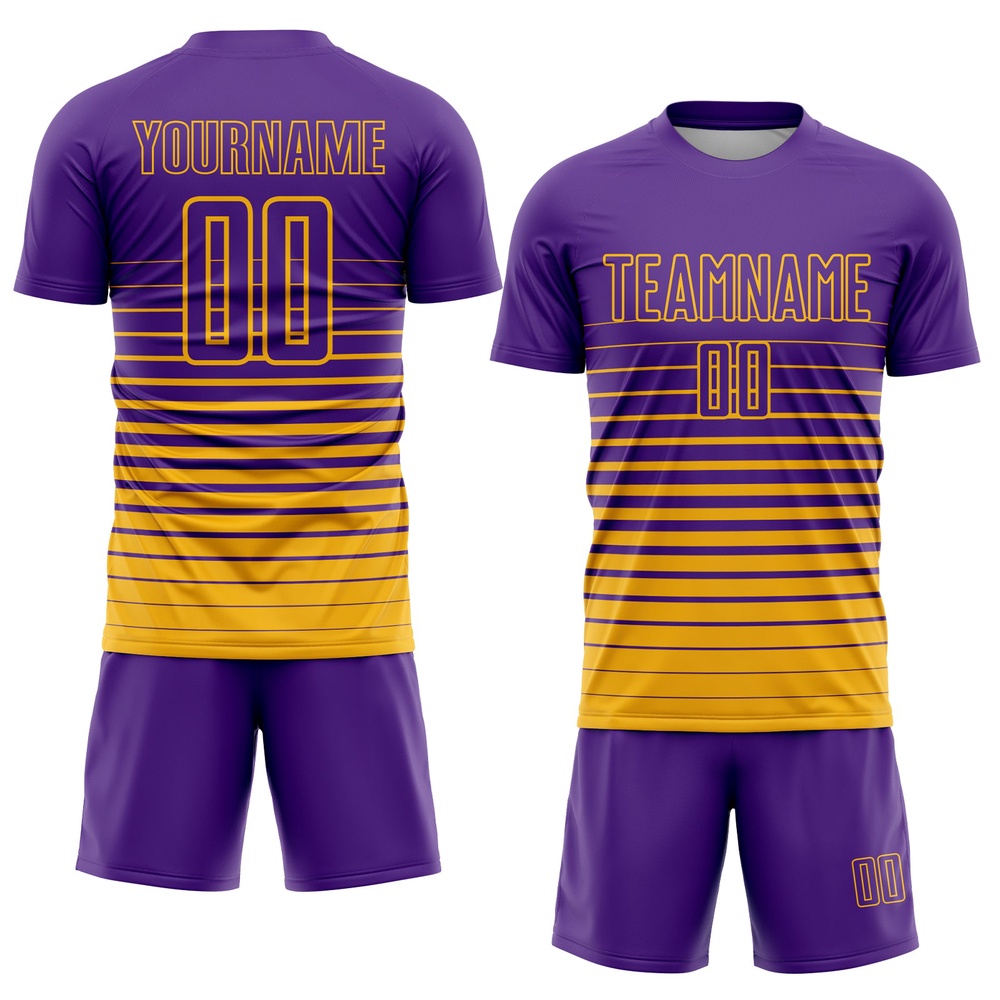 Purple Gold Pinstripe Fade Fashion Sublimation Soccer Uniform Jersey, Custom Team Soccer Jersey Shirt