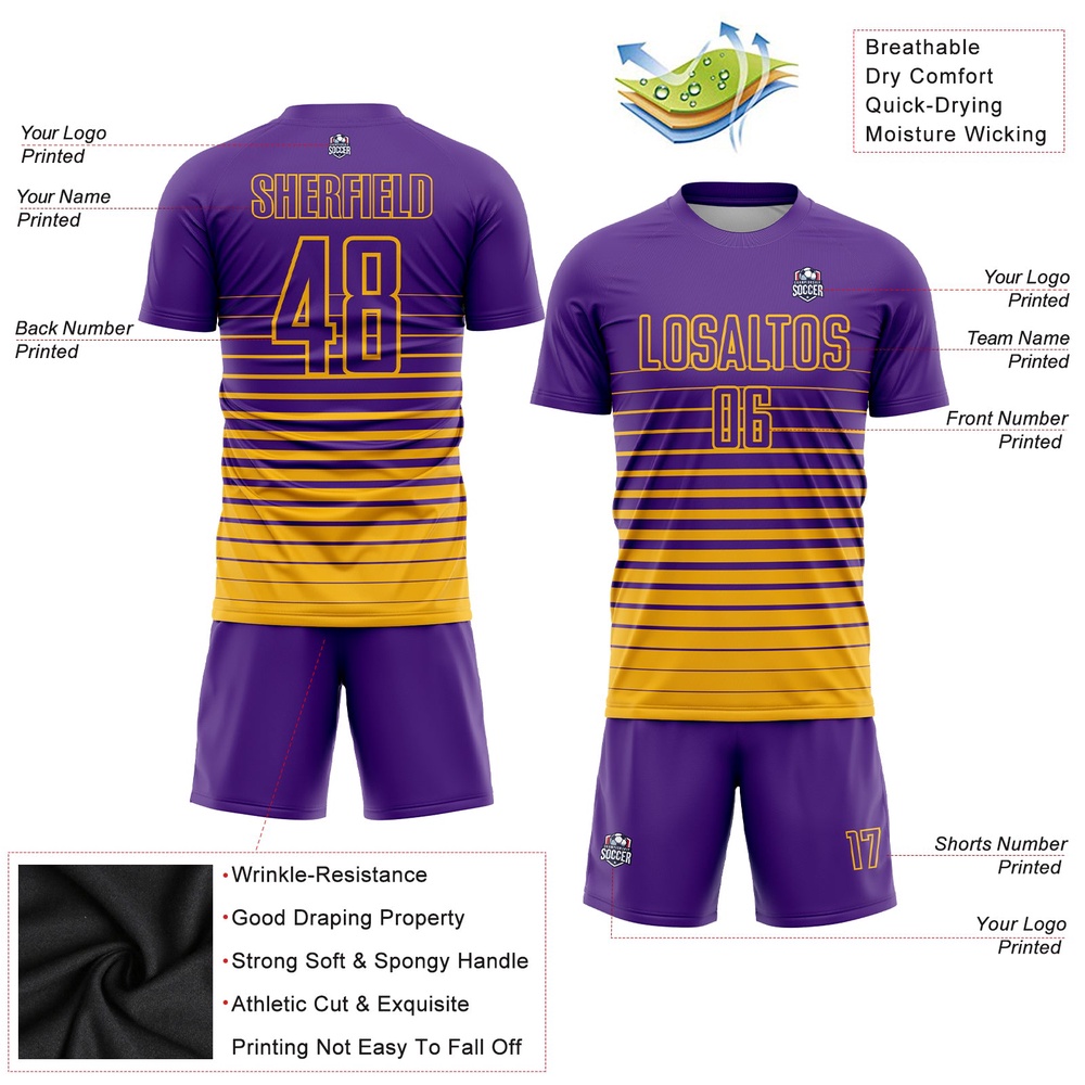Purple Gold Pinstripe Fade Fashion Sublimation Soccer Uniform Jersey, Custom Team Soccer Jersey Shirt