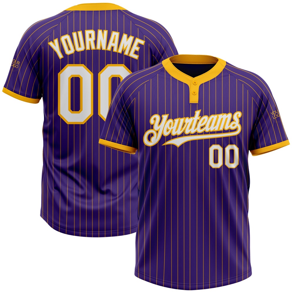 Purple Gold Pinstripe White Two Button Unisex Softball Jersey, Custom Team Softball Jersey Purple Gold Pinstripe White Two Button Unisex Softball Jersey, Custom Team Softball Jersey