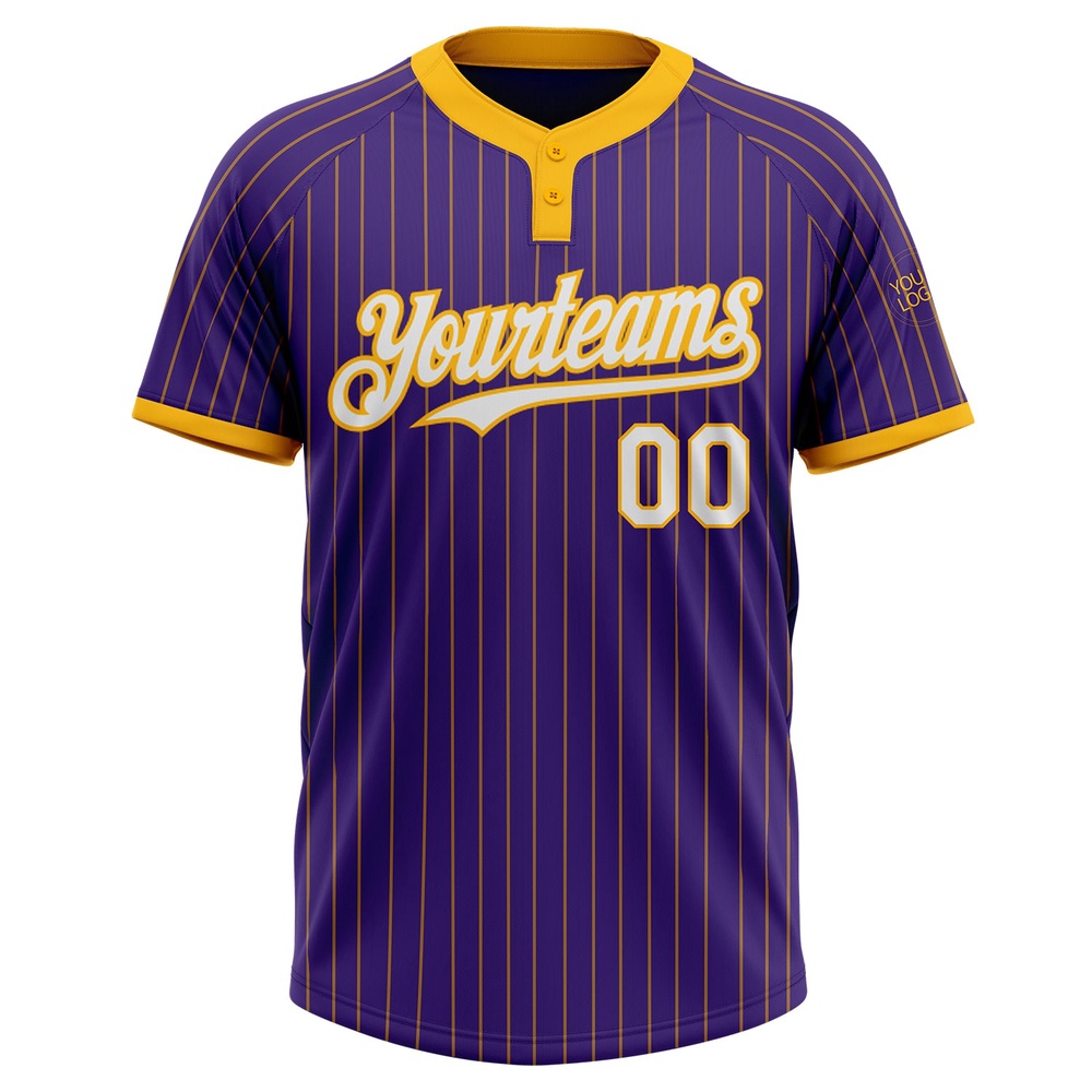 Purple Gold Pinstripe White Two Button Unisex Softball Jersey, Custom Team Softball Jersey Purple Gold Pinstripe White Two Button Unisex Softball Jersey, Custom Team Softball Jersey
