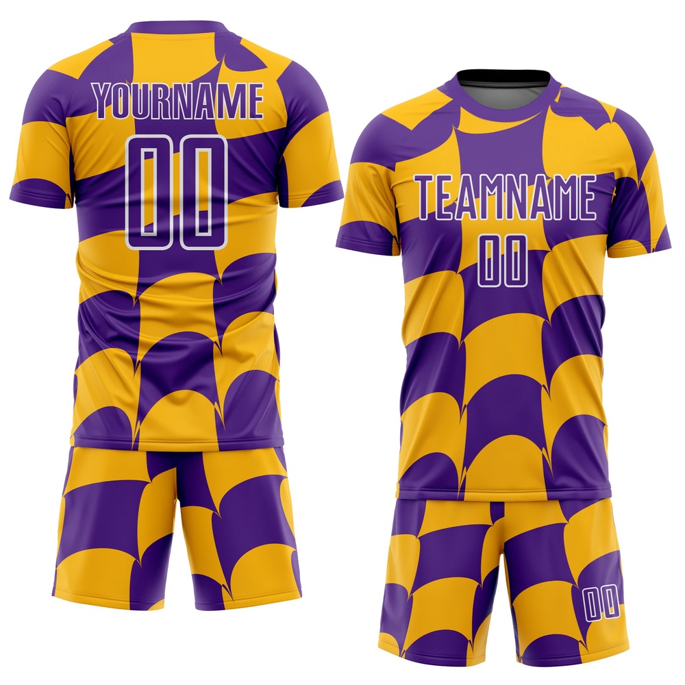 Purple Gold White Plaid Sublimation Soccer Uniform Jersey, Custom Team Soccer Jersey Shirt Purple Gold White Plaid Sublimation Soccer Uniform Jersey, Custom Team Soccer Jersey Shirt