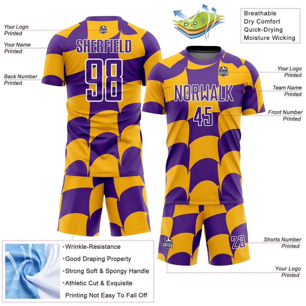 Purple Gold White Plaid Sublimation Soccer Uniform Jersey, Custom Team Soccer Jersey Shirt Purple Gold White Plaid Sublimation Soccer Uniform Jersey, Custom Team Soccer Jersey Shirt