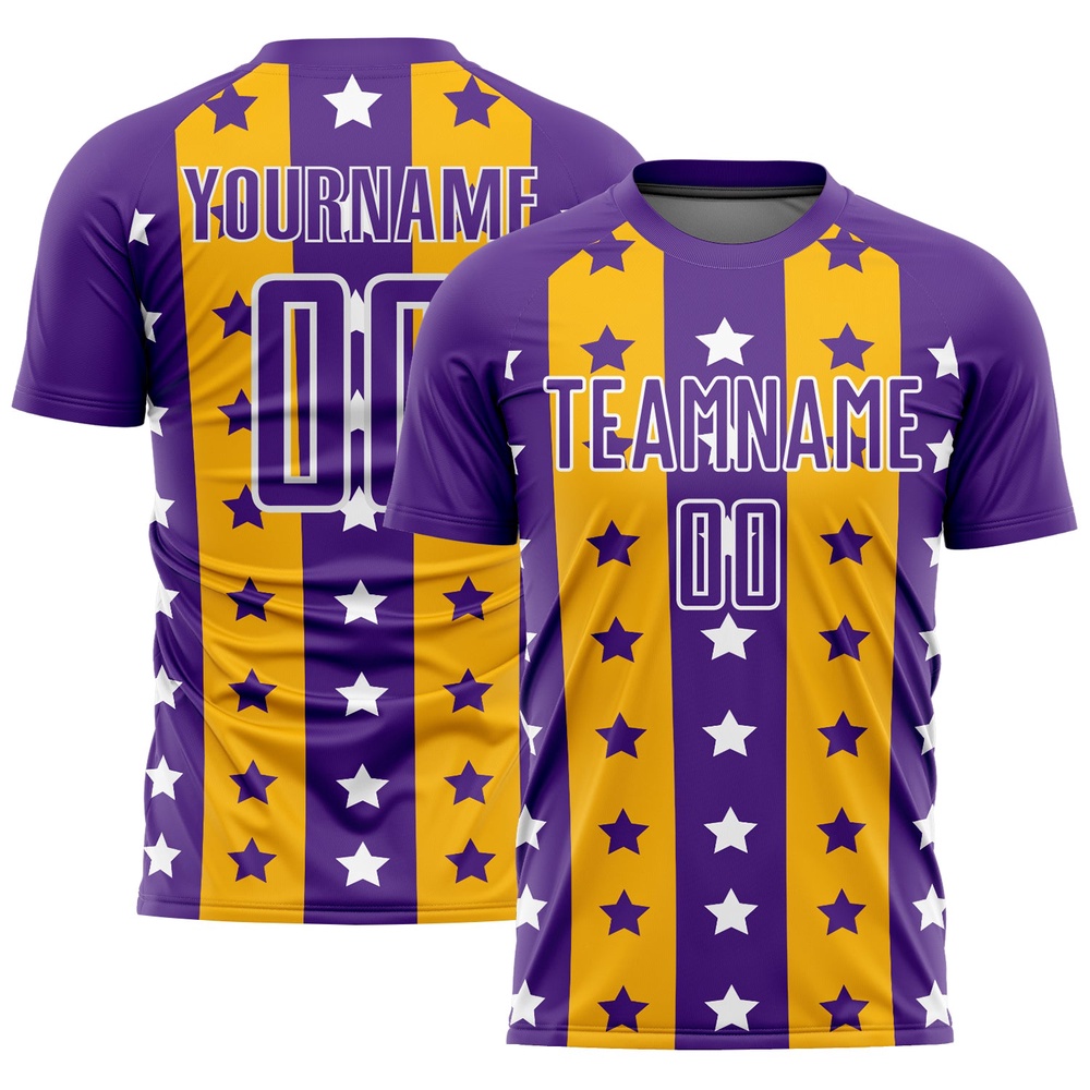 Purple Gold White Stars And Stripes Sublimation Soccer Uniform Jersey, Custom Team Soccer Jersey Shirt Purple Gold White Stars And Stripes Sublimation Soccer Uniform Jersey, Custom Team Soccer Jersey Shirt