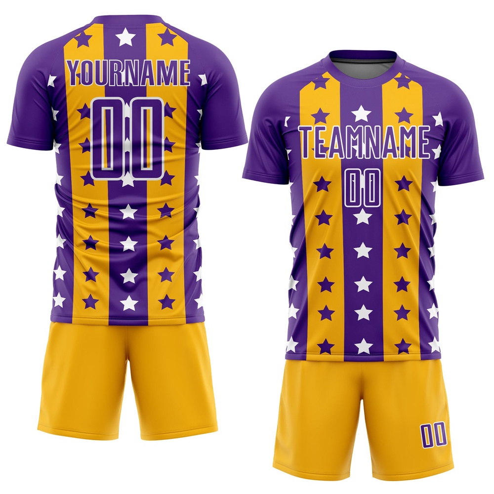 Purple Gold White Stars And Stripes Sublimation Soccer Uniform Jersey, Custom Team Soccer Jersey Shirt Purple Gold White Stars And Stripes Sublimation Soccer Uniform Jersey, Custom Team Soccer Jersey Shirt