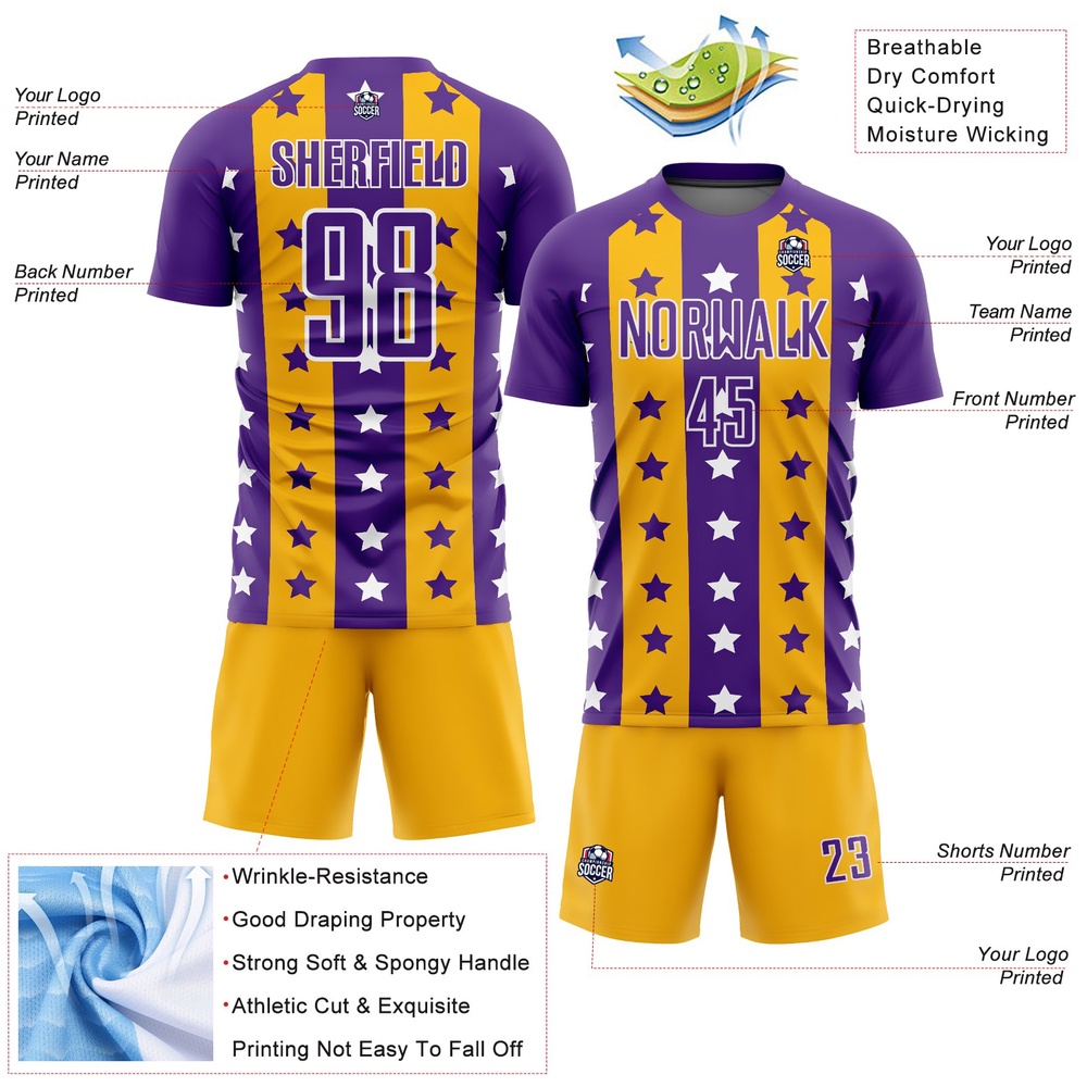 Purple Gold White Stars And Stripes Sublimation Soccer Uniform Jersey, Custom Team Soccer Jersey Shirt Purple Gold White Stars And Stripes Sublimation Soccer Uniform Jersey, Custom Team Soccer Jersey Shirt