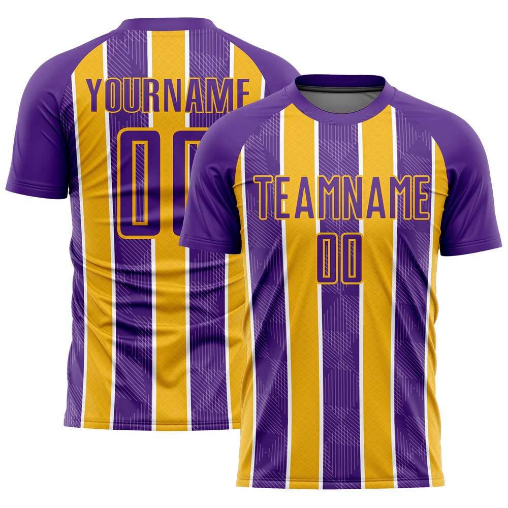 Purple Gold White Stripes Sublimation Soccer Uniform Jersey, Custom Team Soccer Jersey Shirt Purple Gold White Stripes Sublimation Soccer Uniform Jersey, Custom Team Soccer Jersey Shirt