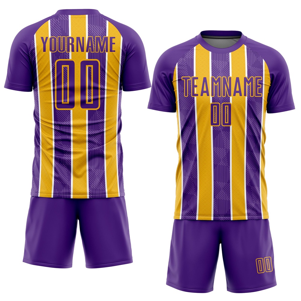 Purple Gold White Stripes Sublimation Soccer Uniform Jersey, Custom Team Soccer Jersey Shirt Purple Gold White Stripes Sublimation Soccer Uniform Jersey, Custom Team Soccer Jersey Shirt