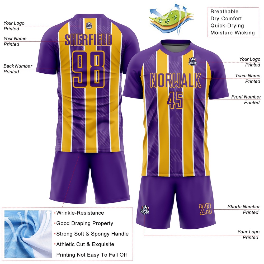 Purple Gold White Stripes Sublimation Soccer Uniform Jersey, Custom Team Soccer Jersey Shirt Purple Gold White Stripes Sublimation Soccer Uniform Jersey, Custom Team Soccer Jersey Shirt