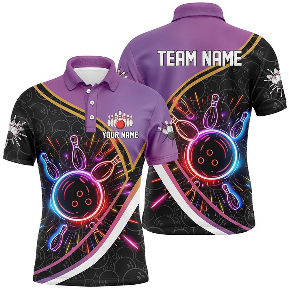 Purple Gradient Black Camo Bowling Shirts For Men Custom Colorful Neon Light Team Bowling Polo Shirt, Personalized Bowling Team Shirt Purple Gradient Black Camo Bowling Shirts For Men Custom Colorful Neon Light Team Bowling Polo Shirt, Personalized Bowling Team Shirt